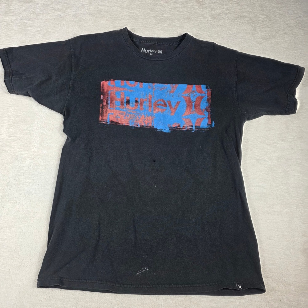 Hurley‎ T-Shirt Mens Medium Black Fair Distressed Graphic Logo Surf Skate Tee